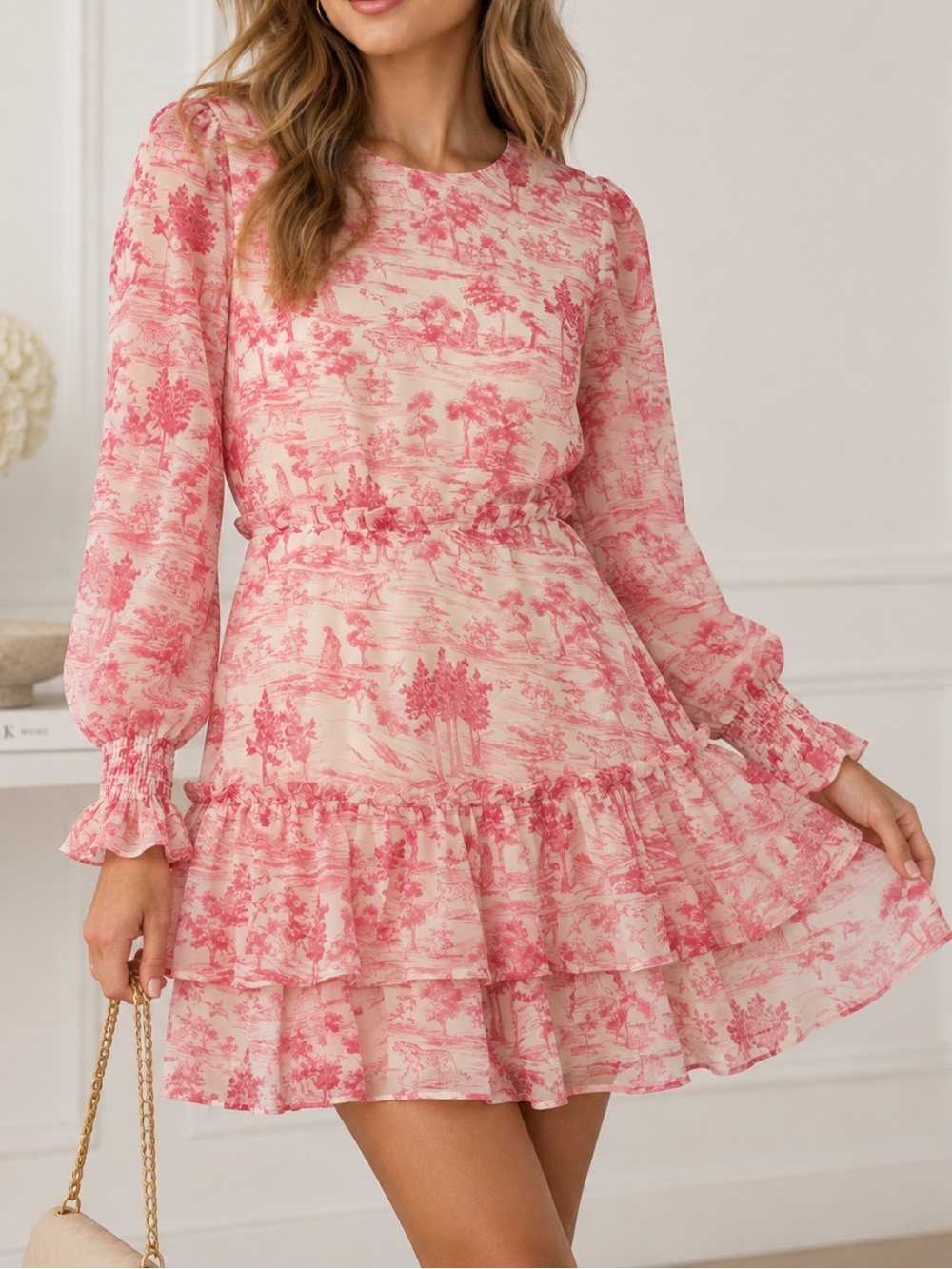 Aqua Toile de Jouy Printed Ruffled Mini Dress